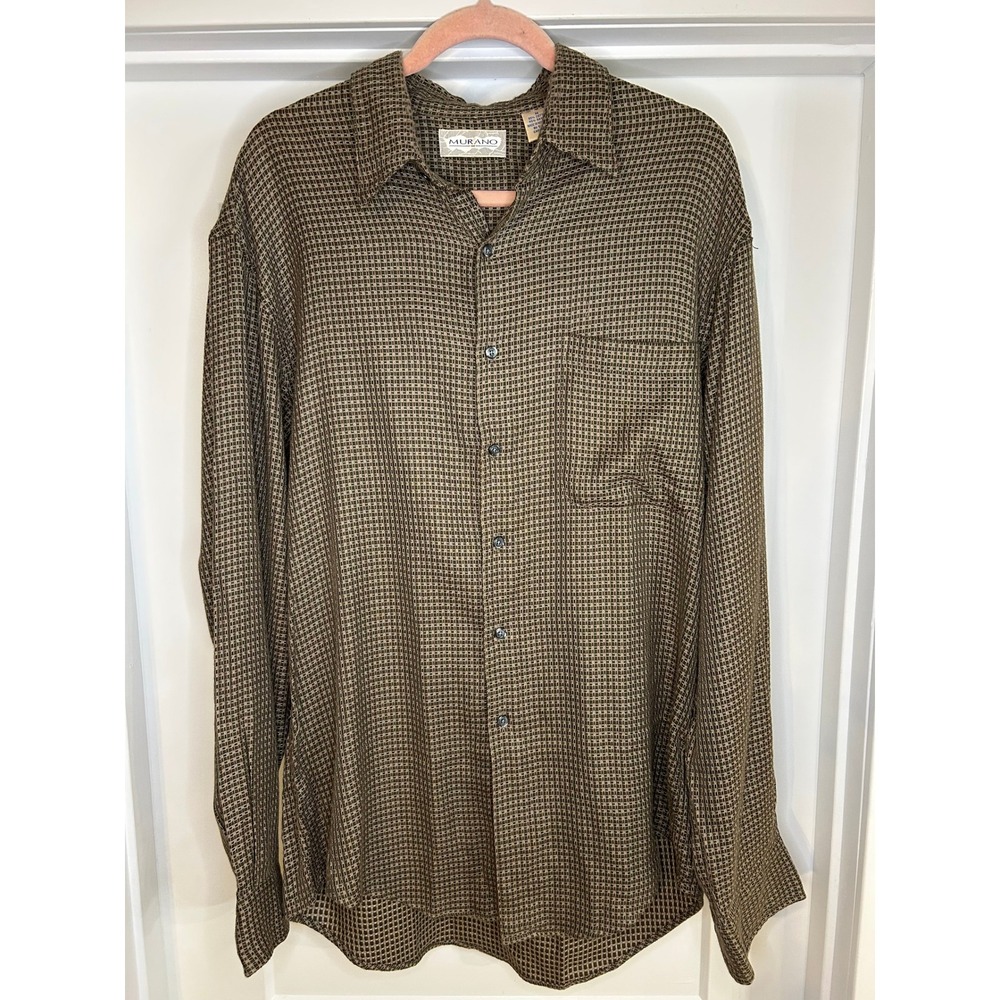 Murano‎ Mens Brown Textured Grid Button Down Shirt Long Sleeve Medium Italian